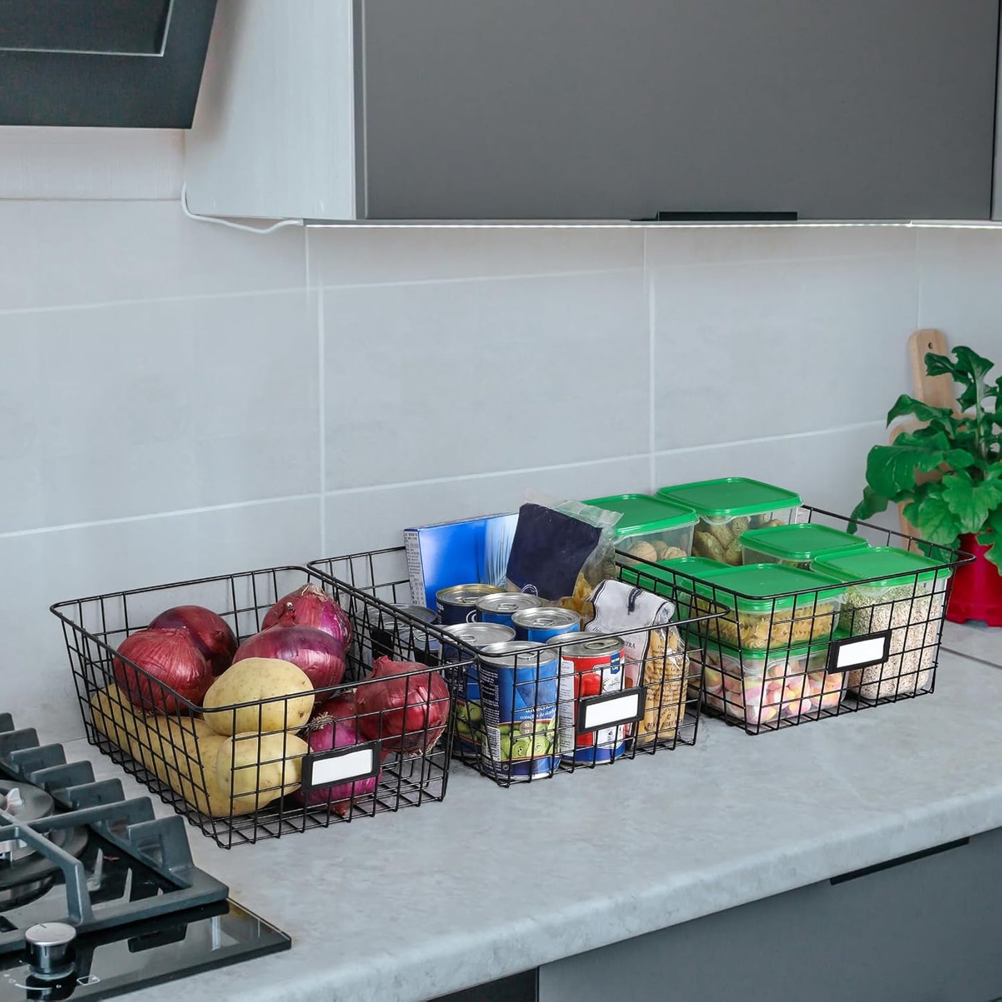 6 Pack Wire Baskets for Pantry Organization and Storage, Kitchen Organizer, 2 XXLarge & 2 XLarge & 2 Large