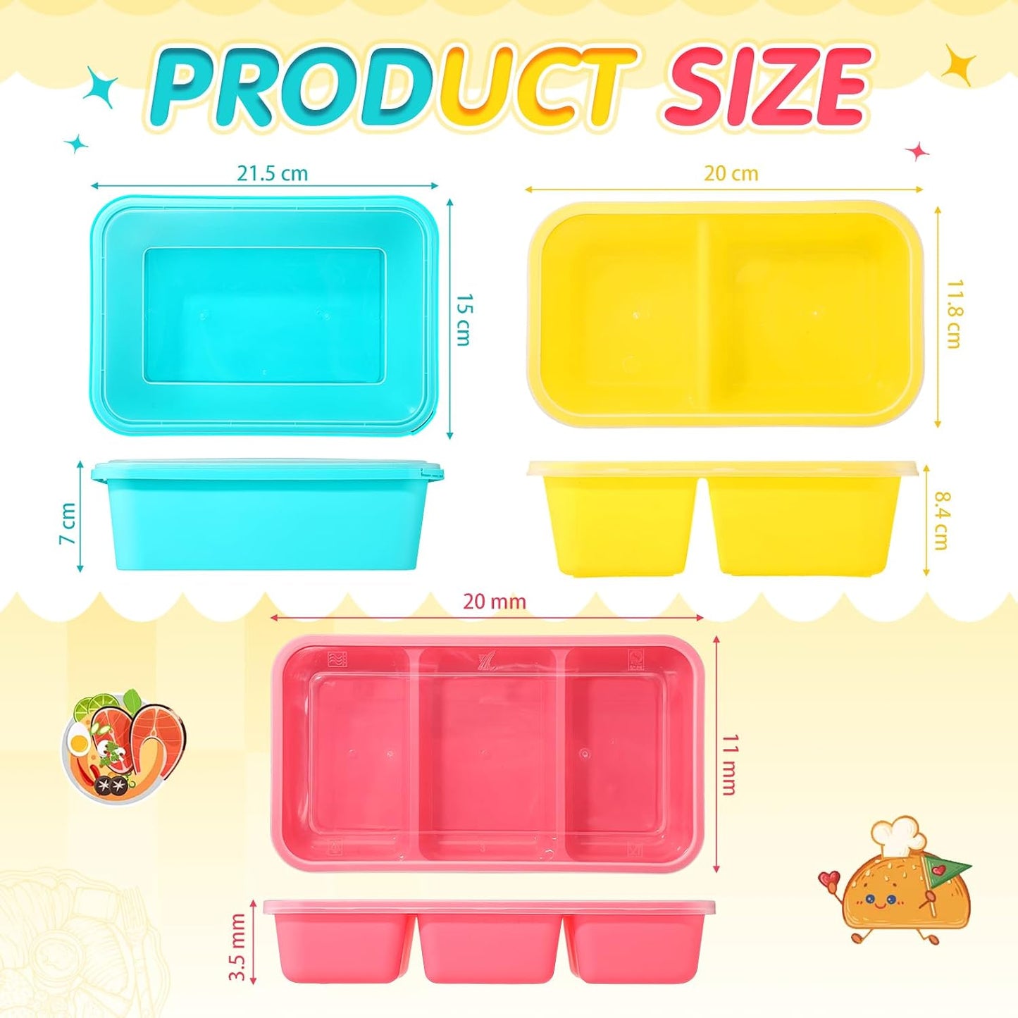 Honeydak 120 Piece Meal Prep Kit Reusable Meal Prep Containers with Dividers and Lids 1-Compartment, 2-Compartment, 3-Compartments Microwave, Freezer, Dishwasher Safe Pink, Yellow, Blue