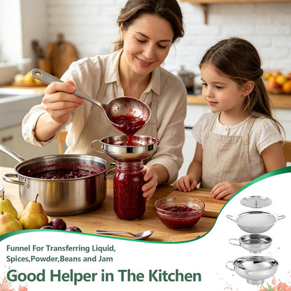 4-in-1 Canning Funnel Set, Stainless Steel Wide Mouth & Regular Funnels with Extended Stable Spout, Umbrella Strainer & Mesh Filter, Food-Grade Kit for Large Food, Jars, Oil, Kitchen Use