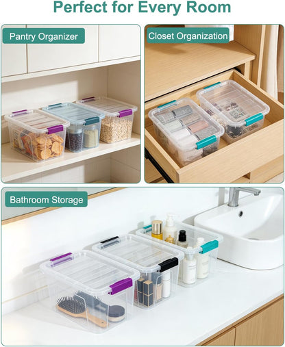 EOENVIVS Plastic Storage Bins with Lids 6 Pack, 7 Quart Storage Containers With Black Buckle Latch, Stackable Storage Organizers for Home Pantry Office Classroom Organization, Clear