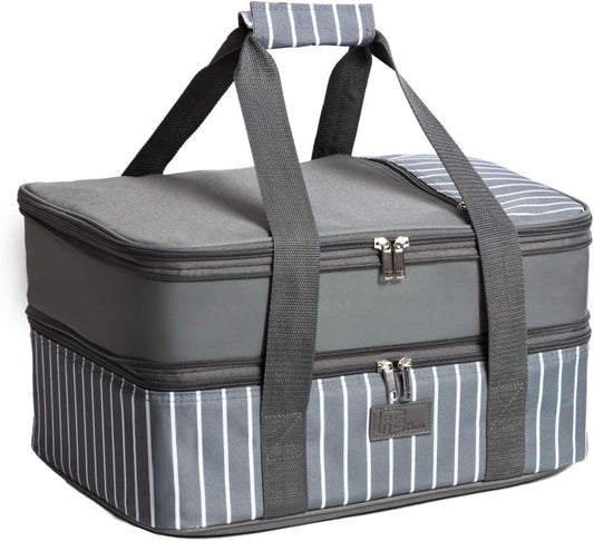 FE FUN ELEMENTS Casserole Carrier, Expandable Insulated Casserole Carriers for Hot or Cold Food, Lasagna Lugger for Parties, Fits 9" x 13" Baking Dish, Grey