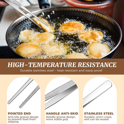 12-Inch Cooking Tweezers Tongs 2-Pack, Stainless Steel Kitchen Tweezers with Dual-Head Design and Non-Slip Grip, Chef Tweezer Tongs for Frying, Plating, Pasta, BBQ, Air Fryer, Food Prep Tools