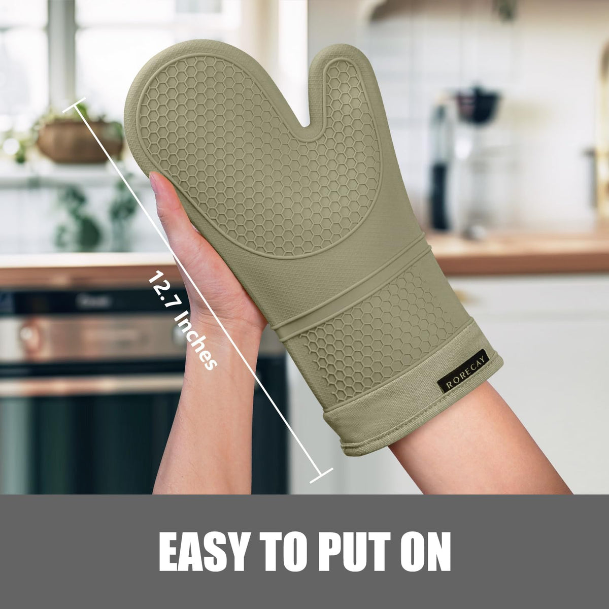 RORECAY Silicone Oven Mitts and Pot Holders Sets, Gloves for Kitchen, Beige