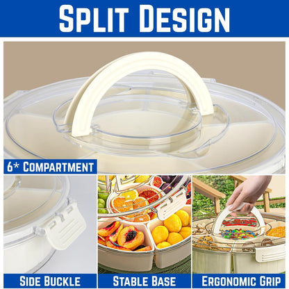 2 Pack Rotating Snackle Box Container with Lid and Handle | 6 Compartments Round Lazy Susan 360° Divided Serving Tray, Portable Clear Organizer for Fruit, Candy, Veggies, Charcuterie, Party & Picnic