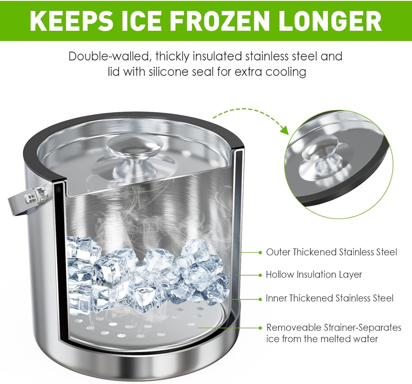 3.2L/3.4QT Modern Insulated Ice Bucket with Silicone Lid, Scoop, Strainer, Double Wall Stainless Steel Ice Bucket for Parties & Cocktail Bar,Ideal for Gift(Black)