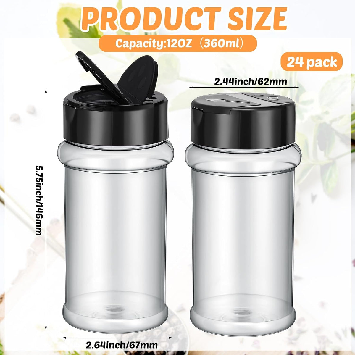 Jadive Plastic Spice Jars with Shaker Lids, 5.5oz, Black