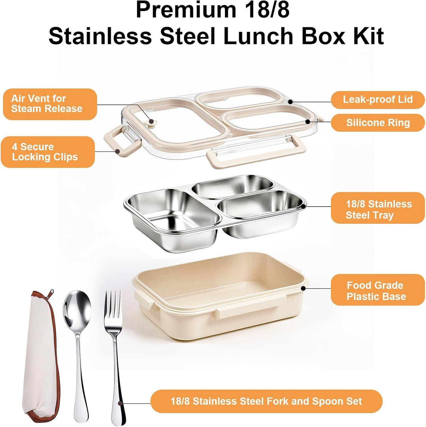 25oz 18/8 Stainless Steel Lunch Box Kit (Bento Box + Fork/Spoon) - 3 Leakproof Compartments - Metal Snack Box for Kids & Adults - School/Office/Travel - Dishwasher Safe (Beige)
