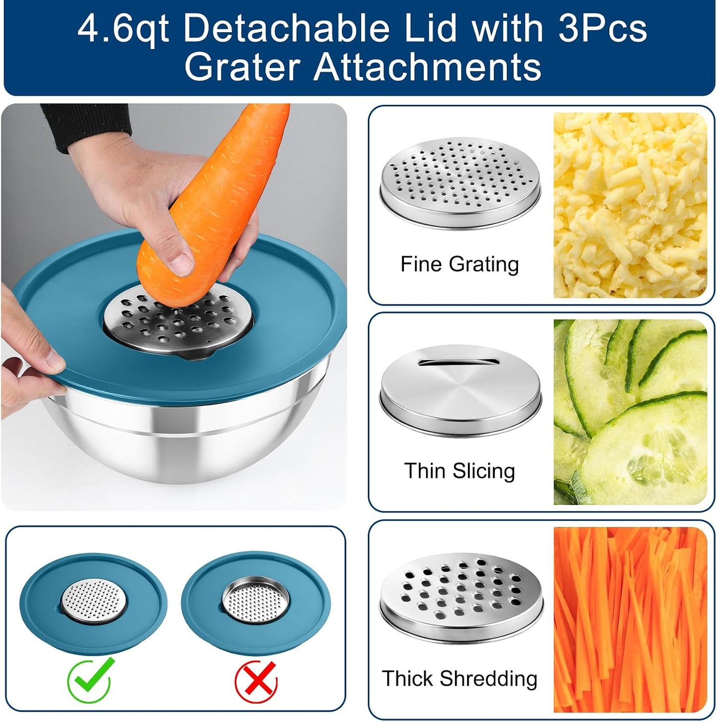 TeamFar Mixing Bowls with Airtight Lids, 5PCS Stainless Steel Metal Salad Bowl with 3 Grater Attachments, for Cooking, Prepping, Serving, Healthy & Easy Clean - 0.7/1/1.5/2.6/4.6QT, Black