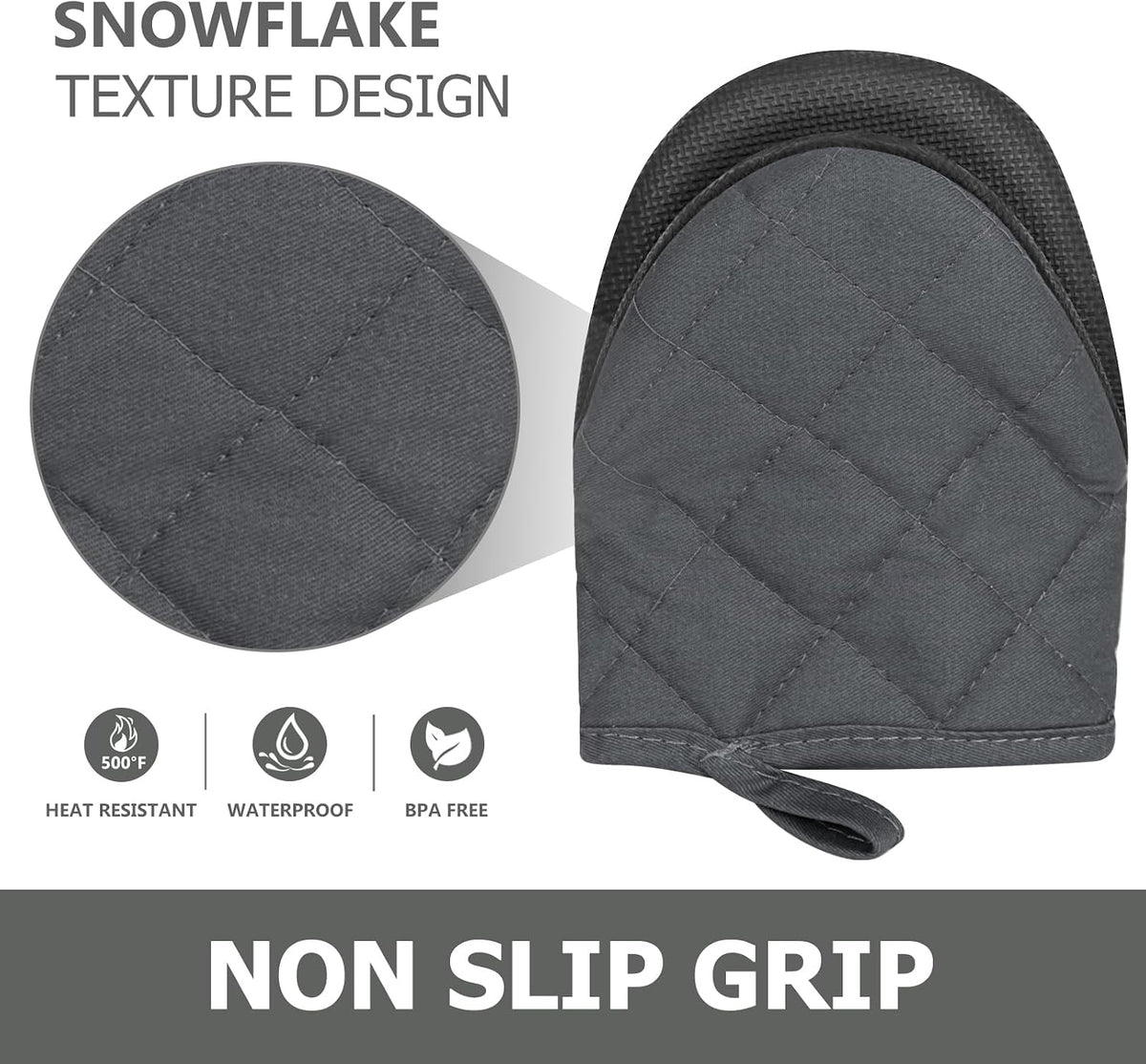 1 Pair Short Oven Mitts - Silicone Kitchen Oven Gloves High Heat Resistant 500℉, Mini Oven Mits with Non-Slip Grip Surfaces and Hanging Loop for BBQ, Baking, Cooking and Grilling (Black)