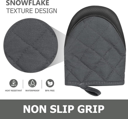 1 Pair Short Oven Mitts - Silicone Kitchen Oven Gloves High Heat Resistant 500℉, Mini Oven Mits with Non-Slip Grip Surfaces and Hanging Loop for BBQ, Baking, Cooking and Grilling (Black)