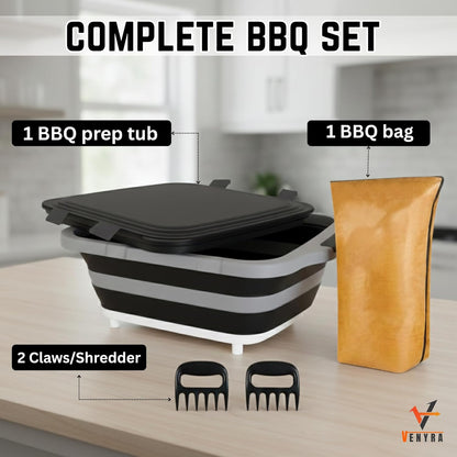 3pcs Barbecue Prep Tub, BBQ Blanket, Meat Shredder Claws | Collapsible 3 in 1 Cutting Board with Colander & Dish Basin, Insulated 21" Meat Resting Bag, Barbecue Grilling Accessories.