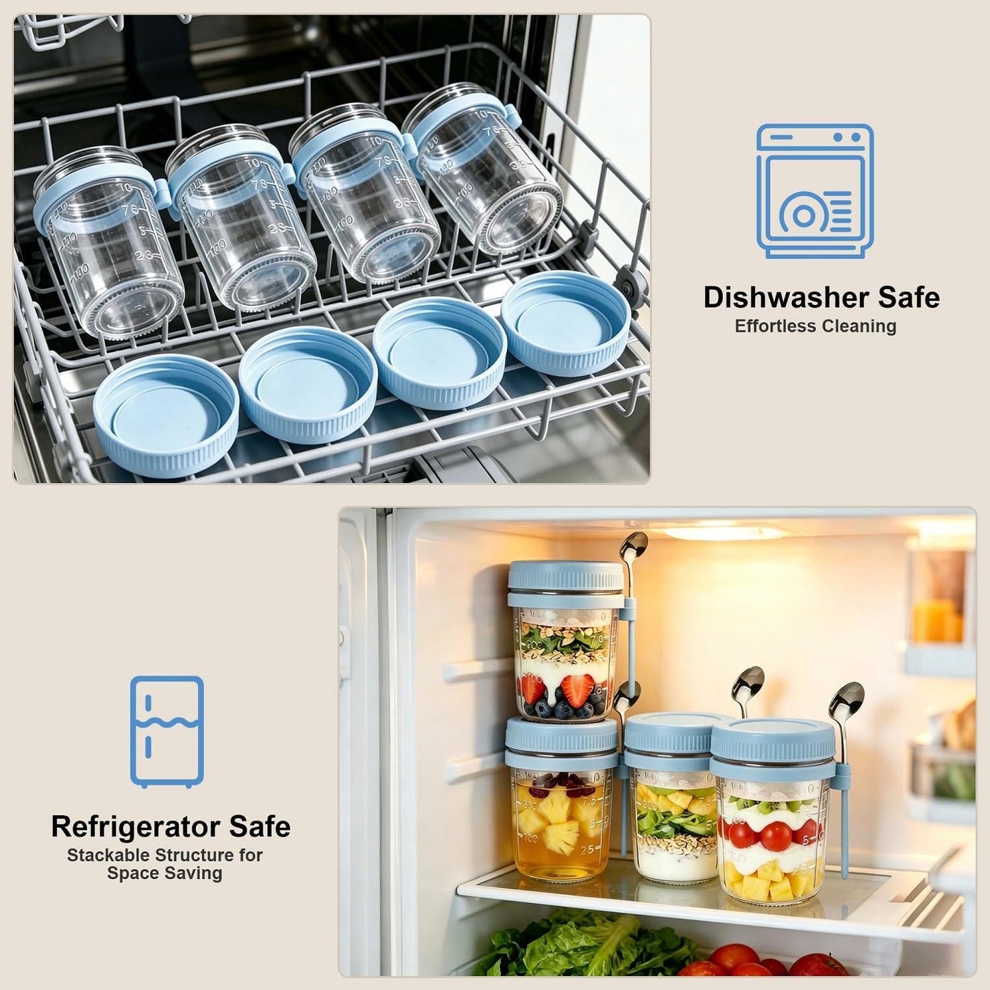 Overnight Oats Containers with Lids and Spoons - 4 Pack 16 oz Glass Mason Jars with Separate Compartments Airtight Overnight Oat Jars Leakproof Yogurt Parfait Cup for Oatmeal Chia Pudding Cereal Salad