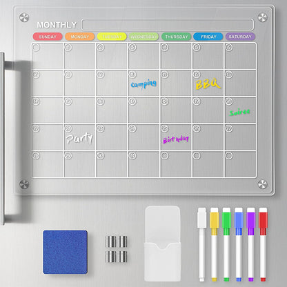Acrylic Magnetic Calendar for Fridge, Monthly Planning Board, Fridge Skylight Calendar for Wall, Clear Dry Erase Planner Boards Set, 16"x12" Noteboard to Do/Anniversary/Shopping List