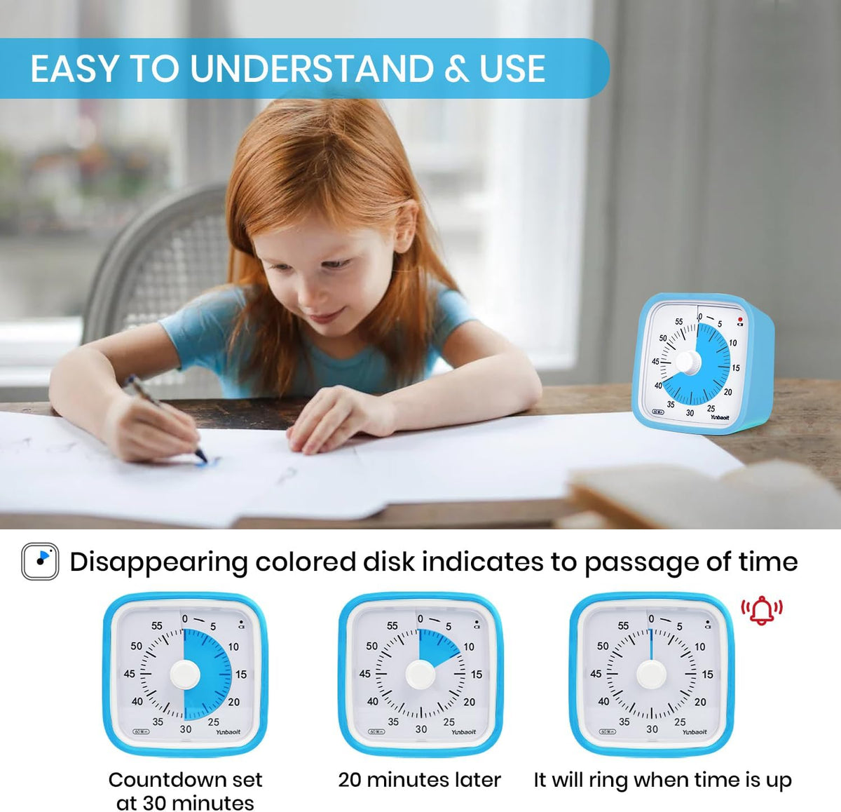 Yunbaoit Rainbow Visual Timer for Kids, 60-min Countdown Timer, Blue