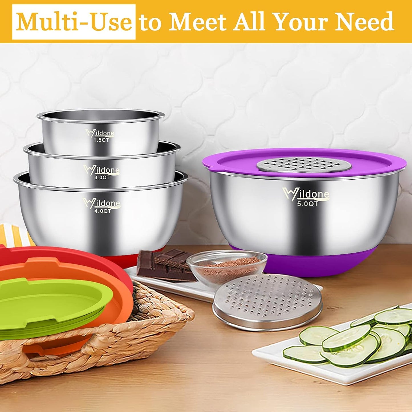 Wildone Mixing Bowls with Airtight Lids, 22 PCS Stainless Steel Nesting Bowls, with 3 Grater Attachments, Scale Marks & Non-Slip Bottom, Size 5, 4, 3, 2,1.5, 0.63QT, Ideal for Mixing & Prepping