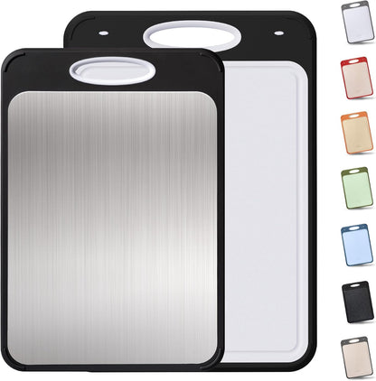 2 Packs Stainless Steel Cutting Board Set, Best Non Toxic Cutting Boards for Kitchen, Double Sided Metal Chopping Board for Meat/Fruit/Vegetables, Food Grade Kitchen Set Gift, [16”×11”+18”×12” Inch]