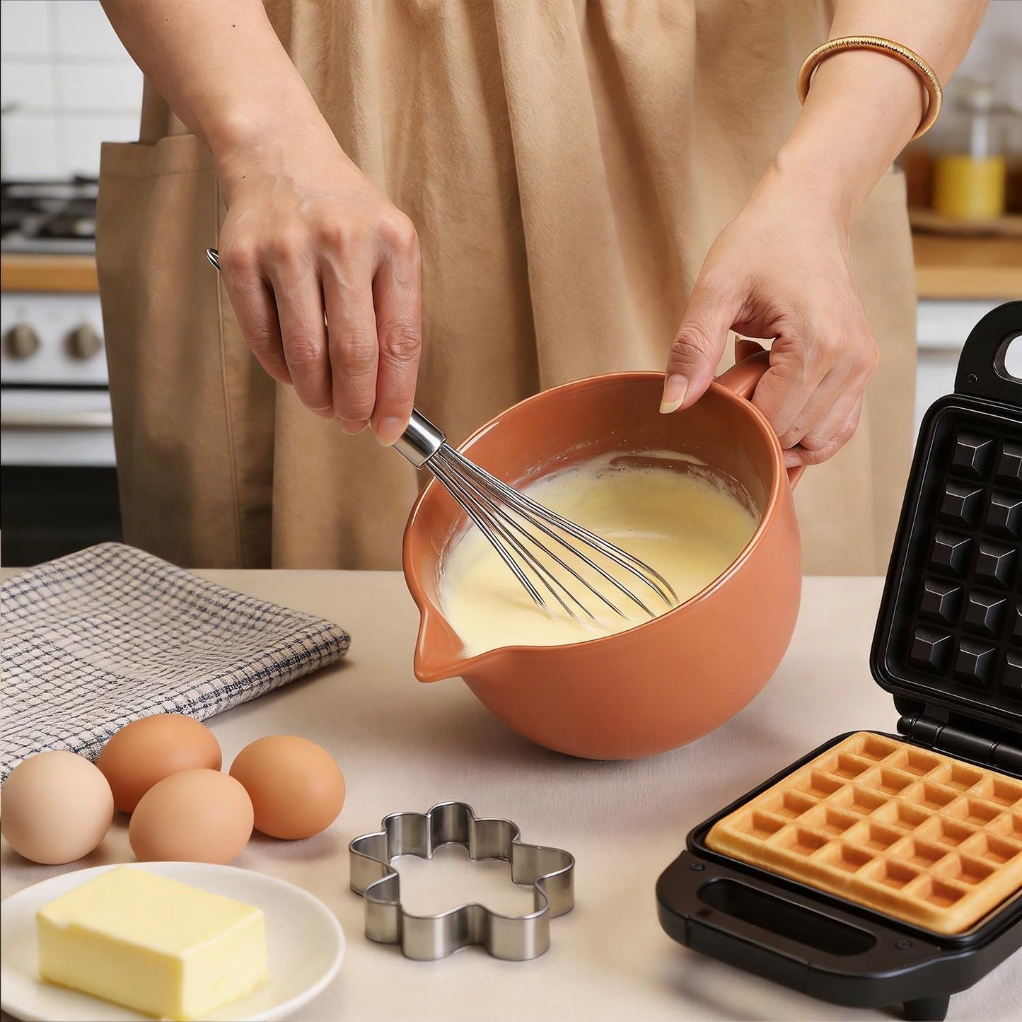 Gaolinci Simple Solid Color Kitchen Ceramic Mixing Bowl, 1 Quart Large Bowl, with Pouring Spout and Handle