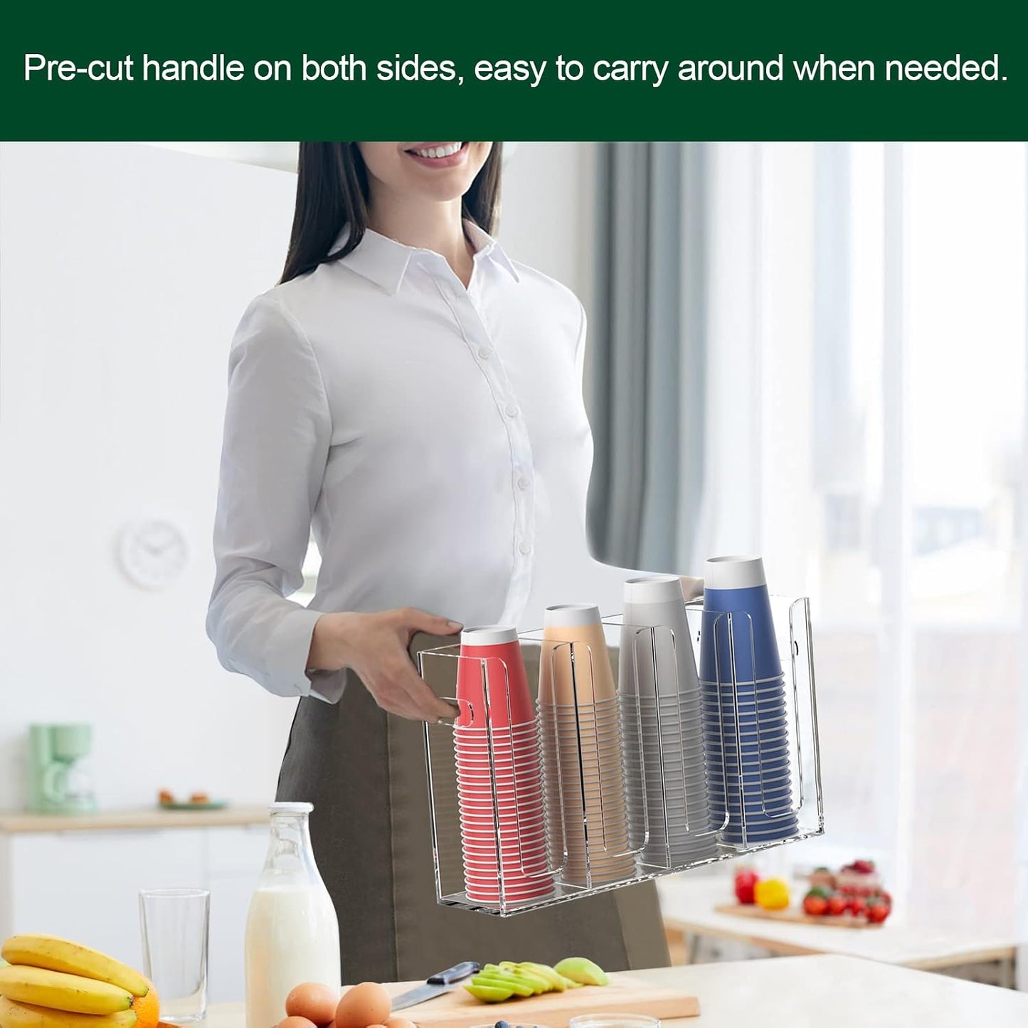 Disposable Coffee Cup Dispenser with Handles, Countertop or Wall Mount Hot/Cold Drink Cup and Lid Holder - Bathroom/Kitchen/Office Acrylic Cup Lid Storage Organizer (1 Compartment, Clear)