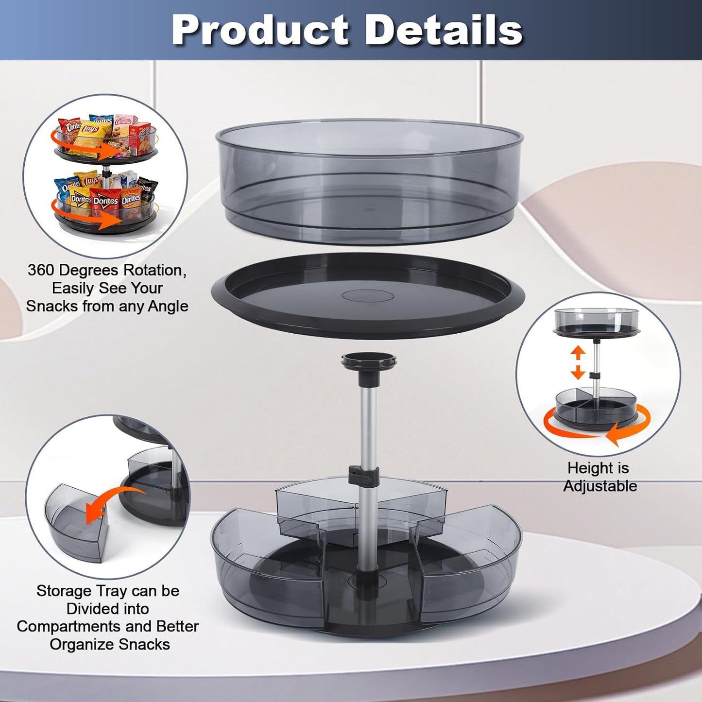 2 Tier Snack Carousel, Rotary Turntable Organizer for Snack Bar Organizer and Snack Display, Countertop & Under Sink Organizer for Snack Storage, Tray has Removable Dividers, Easy Assembly