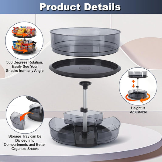 2 Tier Snack Carousel, Rotary Turntable Organizer for Snack Bar Organizer and Snack Display, Countertop & Under Sink Organizer for Snack Storage, Tray has Removable Dividers, Easy Assembly