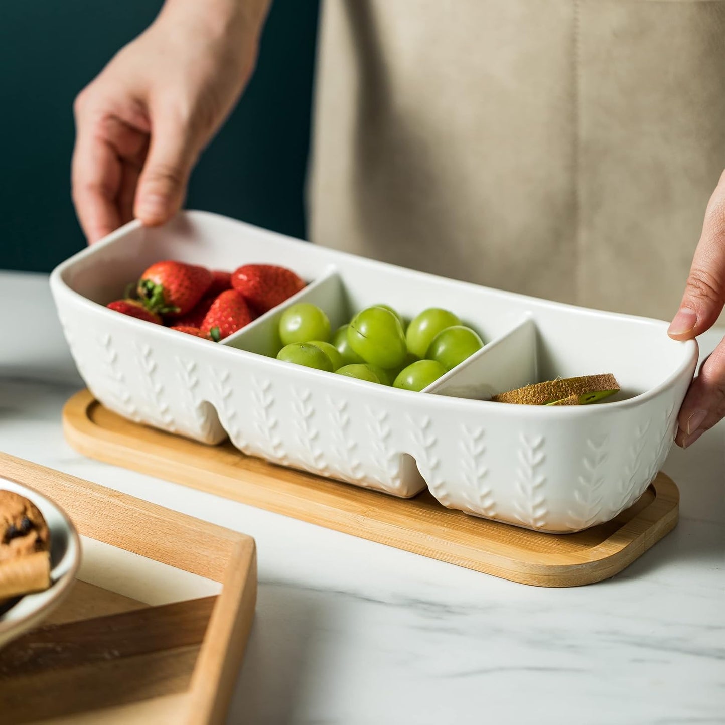 Miamolo 3 Compartment Condiment Tray, Chip and Dip Bowl with Wooden Serving Tray, Perfect for Snacks, Appetizers, Charcuterie, Chips, Candy, 10-inch Chip and Dip Serving Set for Parties