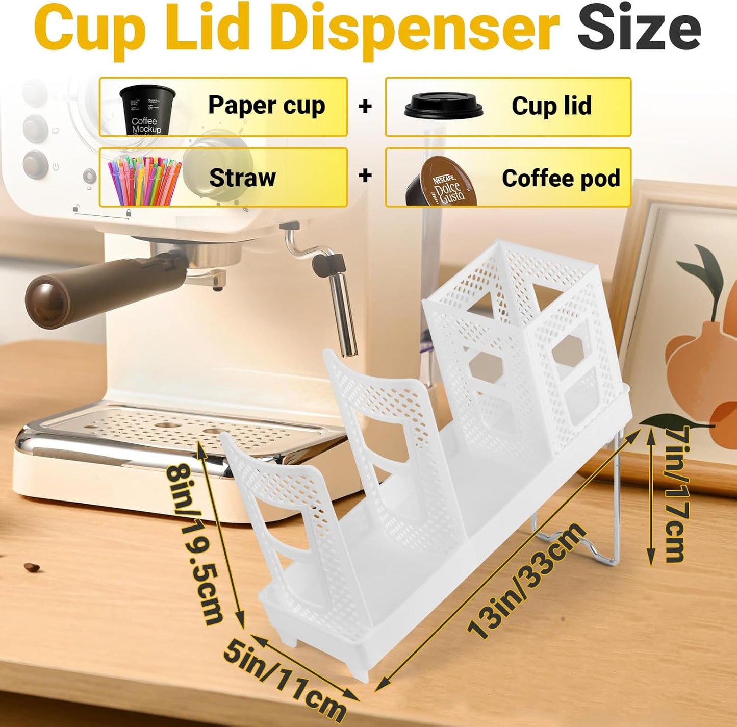 Cup and Lid Holder, Disposable Paper Cup Dispenser with Coffee Pod Straw Storage Basket, Countertop Coffee Cup Holder for Coffee Stations, Bars, Break Rooms, Living Rooms, Parties (Black)