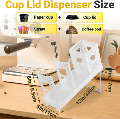 Cup and Lid Holder, Disposable Paper Cup Dispenser with Coffee Pod Straw Storage Basket, Countertop Coffee Cup Holder for Coffee Stations, Bars, Break Rooms, Living Rooms, Parties (Black)