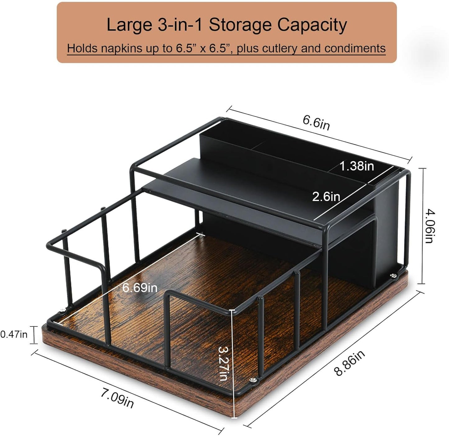 Napkin Holder for Table, Metal Napkin Holder Dispenser with Salt and Pepper Shakers Storage, 3-in-1 Utensil Holder Spice Rack for Kitchen Dining Table Buffet Patio Camping (Black)