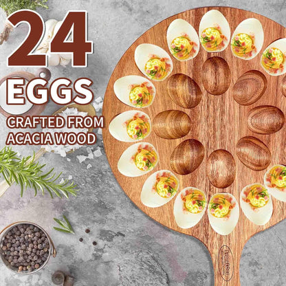 2-Pack 24 Holes Deviled Egg Platter,Acacia Wooden Round Deviled Egg Charcuterie Board Tray Holder Carrier with Handle for Kitchen Countertops
