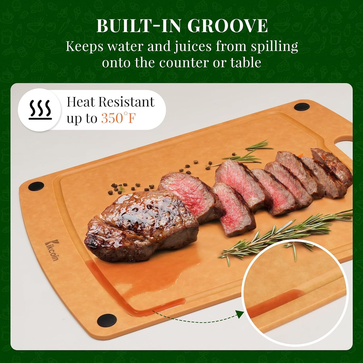 Kikcoin Wood Cutting Board, Cutting Boards for Kitchen Dishwasher Safe Non-slip Chopping Board with Juice Groove, Wood Fiber Composite Cutting Board with Hanging Hole, 14.6"*10.8"