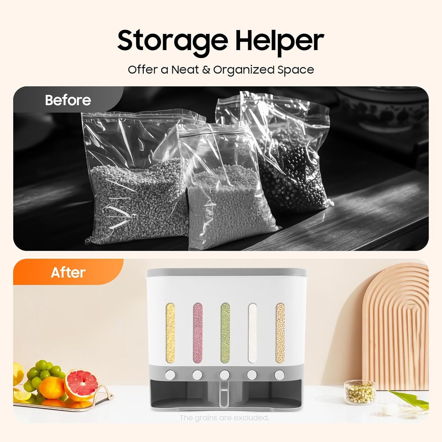 Dry Food Dispenser Wall mounted 5 Grid Cereal Dispenser Storage Rice Dispenser with Measuring Cup Individual Containers and Removable Walls for Rice, Beans, Beads Kitchen