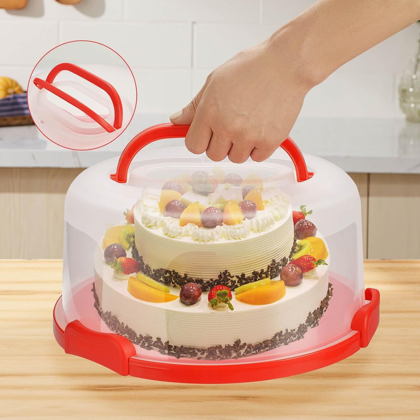 10 Inch Portable Cake Stand Carrier Holder with Lid and Handle Round Cake Storage Containers Cupcake Plastic Cake Cover Holder for Transport Red