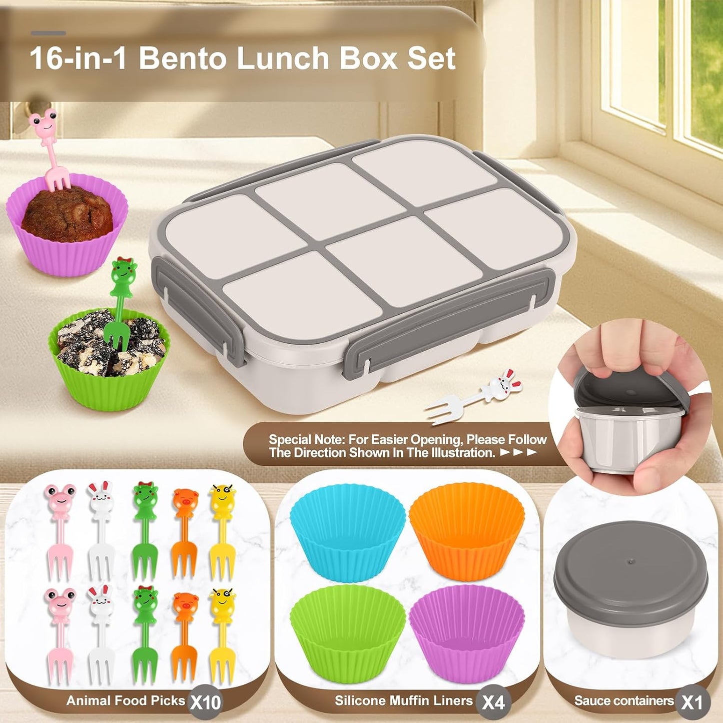 Amathley Lunch Box Kids Girls Boys,Bento Box Adult,Toddler Lunch Containers for School,Leakproof Snack Containers with 6 Compartments,Sauce Container,10 Food Picks and 4 Muffin Cups (Green)