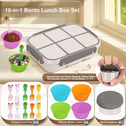 Amathley Lunch Box Kids Girls Boys,Bento Box Adult,Toddler Lunch Containers for School,Leakproof Snack Containers with 6 Compartments,Sauce Container,10 Food Picks and 4 Muffin Cups (Green)