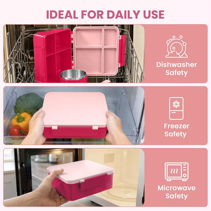 LOHASOK Bento Lunch Box Kids with 8oz Soup Thermo, Leak-Proof Lunch Containers with 4 Compartment, Thermo Hot Food Jar and Insulated Lunch Box for School Blue