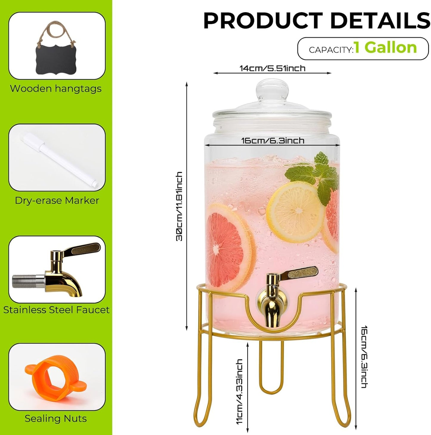 Glass Drink Dispensers For Parties, 1.5 Gallon Beverage Dispenser With Glass Airtight Lids, Gold Metal Stand And Stainless Steel Spigot. Lemonade & Juice Dispenser With Chalk board-One Pack