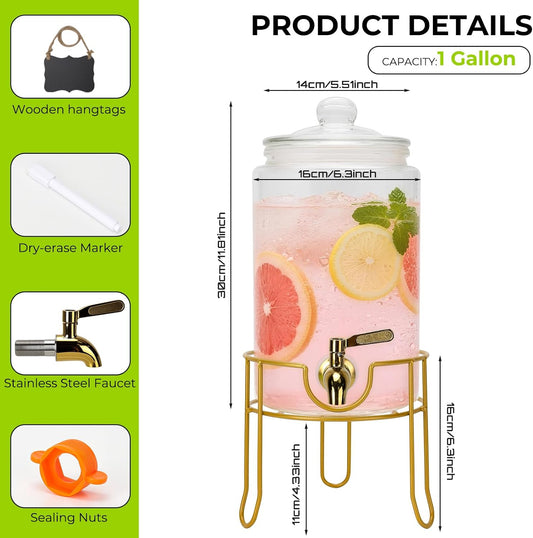 Glass Drink Dispensers For Parties, 1.5 Gallon Beverage Dispenser With Glass Airtight Lids, Gold Metal Stand And Stainless Steel Spigot. Lemonade & Juice Dispenser With Chalk board-One Pack