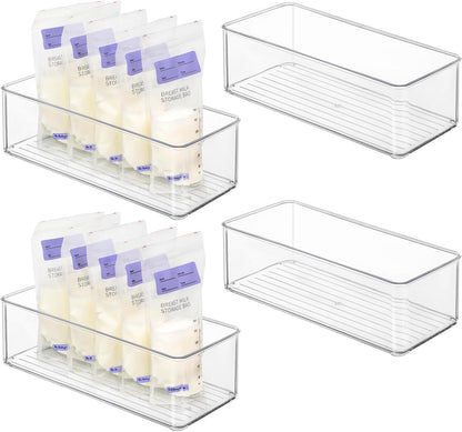 Hudgan 4 Pcs Storage Container Breastmilk for Fridge, Clear Organizer Bins for Milk Bags, Plastic Storage Bins for Freezer,Pantry, Bottles Bathroom, Vanity, Drawer and Yogurts,4.4" Wide