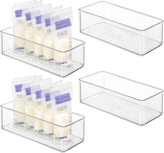 Hudgan 4 Pcs Storage Container Breastmilk for Fridge, Clear Organizer Bins for Milk Bags, Plastic Storage Bins for Freezer,Pantry, Bottles Bathroom, Vanity, Drawer and Yogurts,4.4" Wide