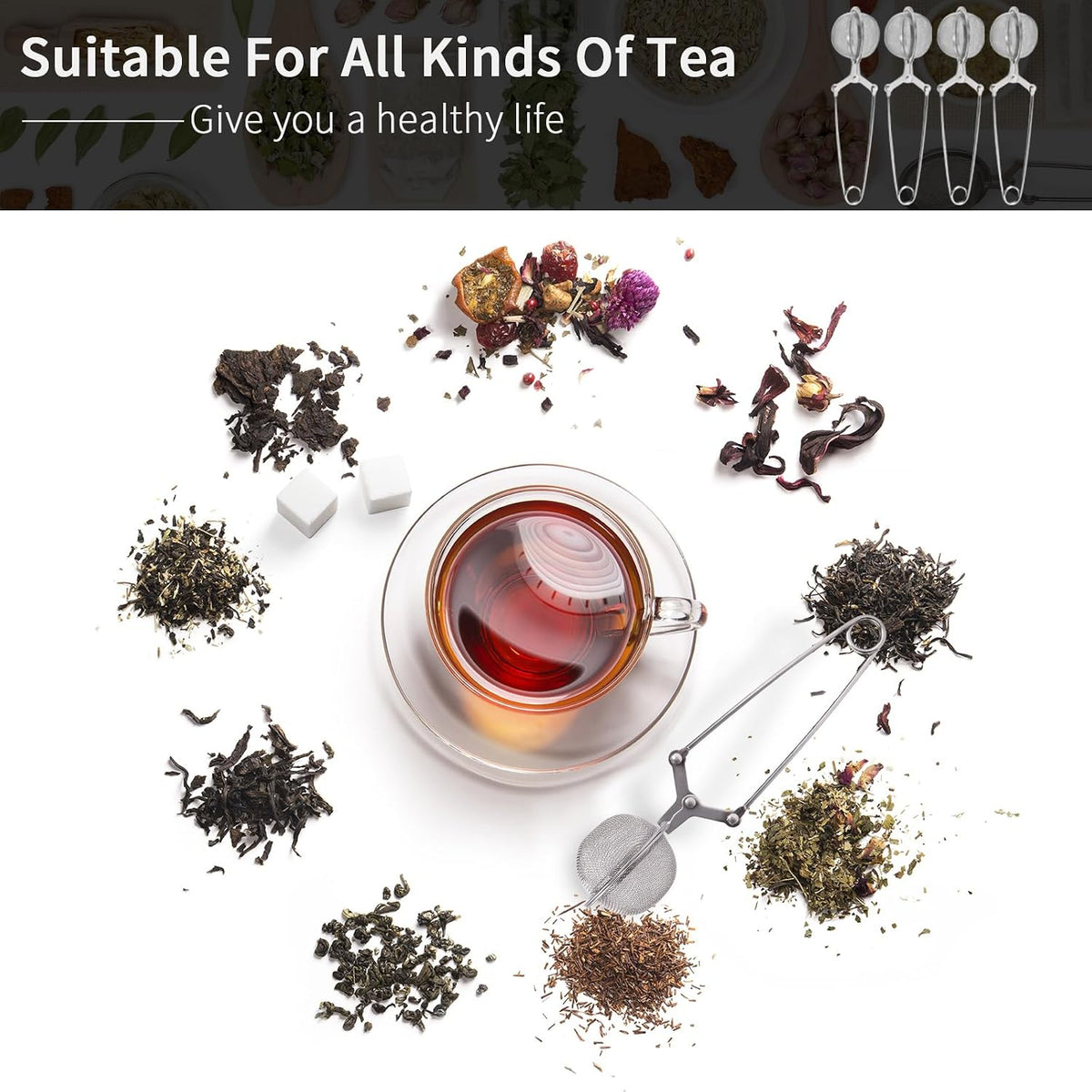 Tea Strainers for Loose Tea, 4 Pack Tea Infuser with Handle Fine Mesh Tea Ball Filter Tea Diffusers Steeper for Loose Leaf Tea, Spices, Seasonings