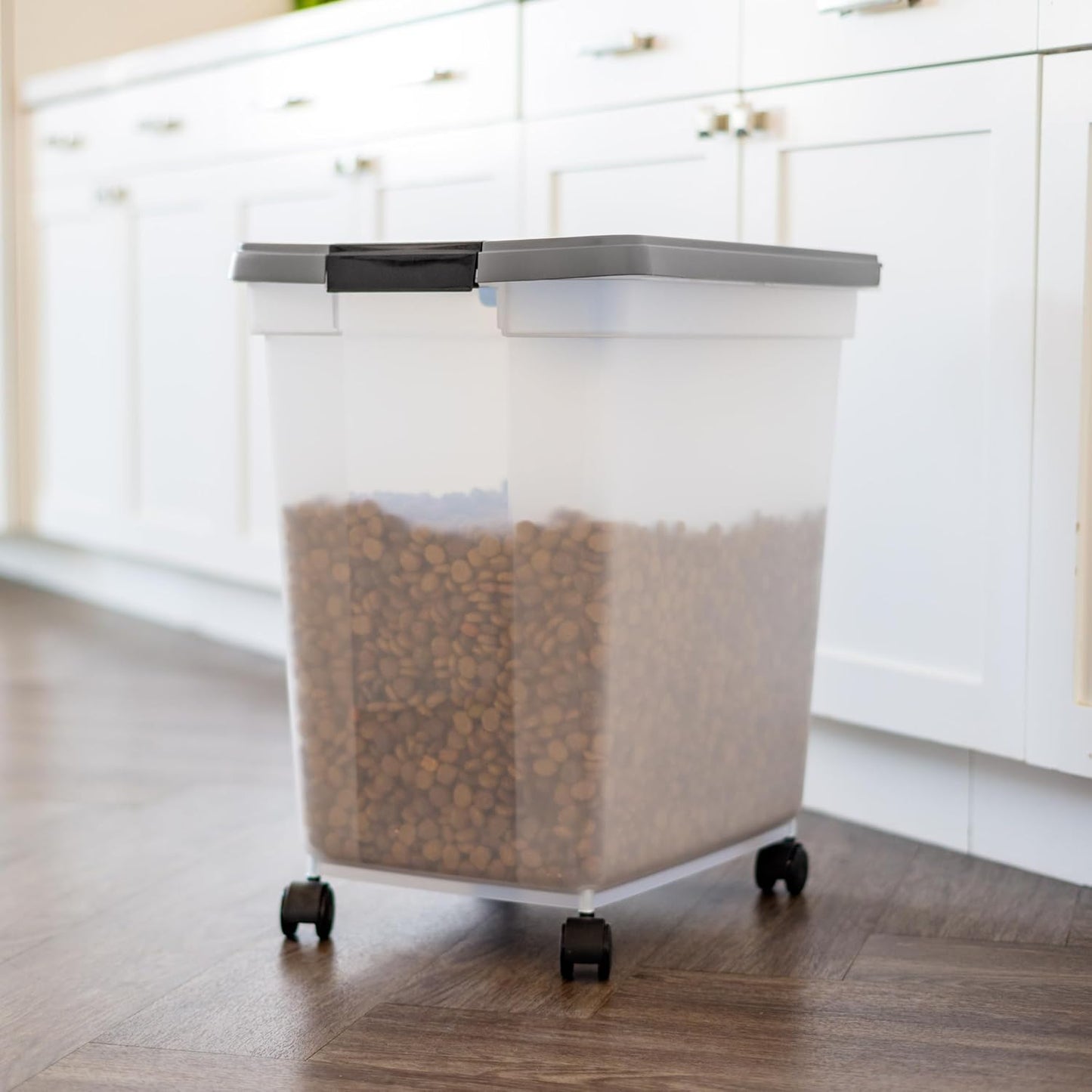 IRIS USA Airtight Dog Food Storage Container, WeatherPro, Up to 25 lbs, Removable Wheels, for Dog Cat Bird and Other Pet Food Storage Bin, Keep Fresh, Translucent Body, Made in USA, Clear/Black