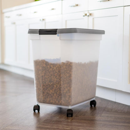 IRIS USA Airtight Dog Food Storage Container, WeatherPro, Up to 25 lbs, Removable Wheels, for Dog Cat Bird and Other Pet Food Storage Bin, Keep Fresh, Translucent Body, Made in USA, Clear/Black
