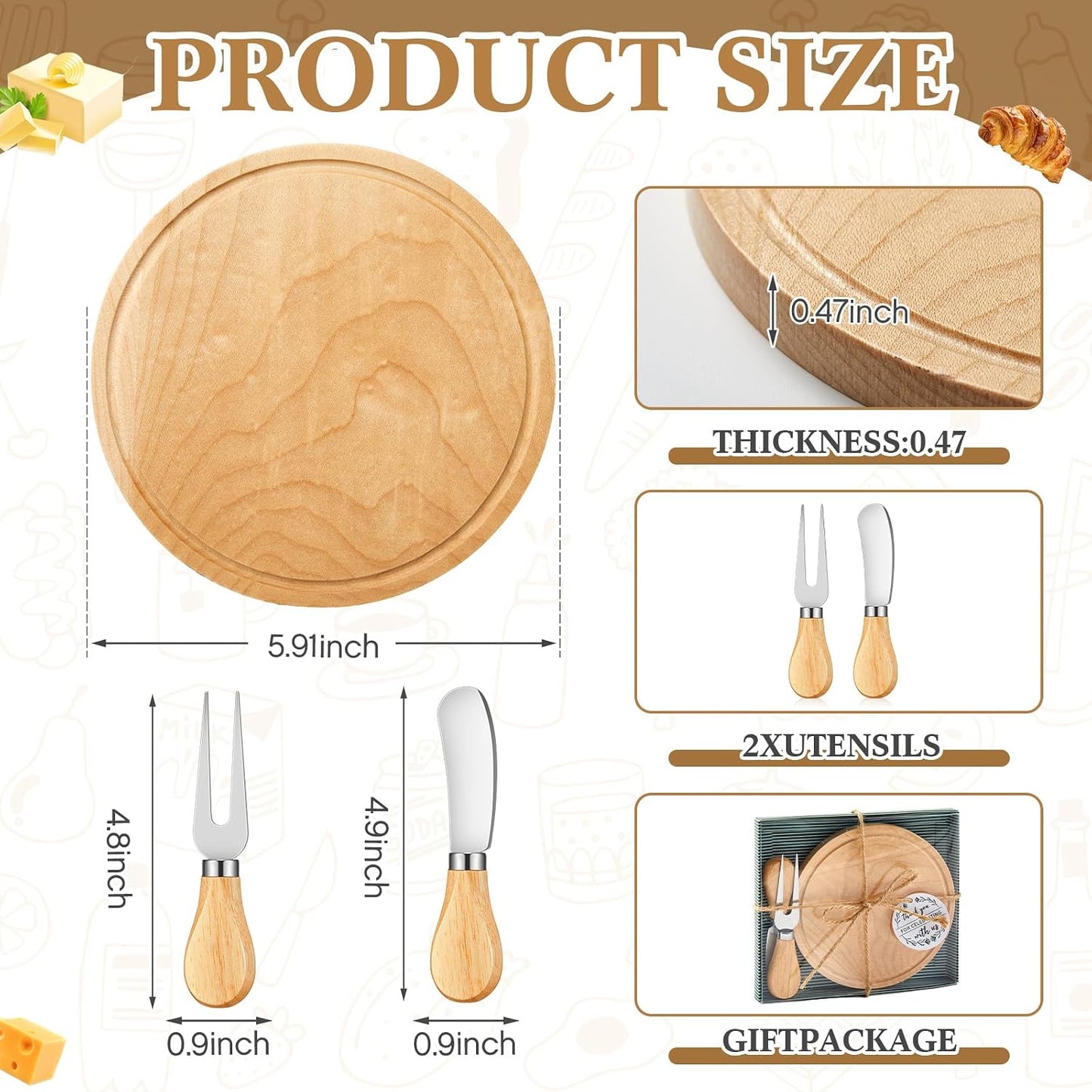 Maxcheck 6 Sets Baby Shower Bridal Game Prizes for Winners Round Cheese Board Set Wood Mini Charcuterie Board with Knives and Forks Thank You Card with Gift Box for Guests Wedding (Bamboo)