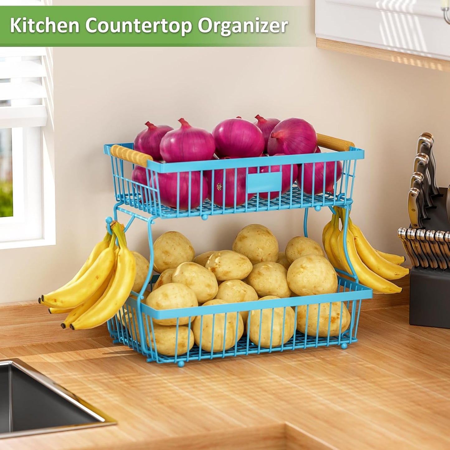 2 Tier Fruit Basket for Kitchen Counter with 2 Banana Hangers, Countertop Metal Bread Basket with Wooden Handle, Large Storage Stand for Vegetables, Snacks, Eggs, Produce Storage – Black