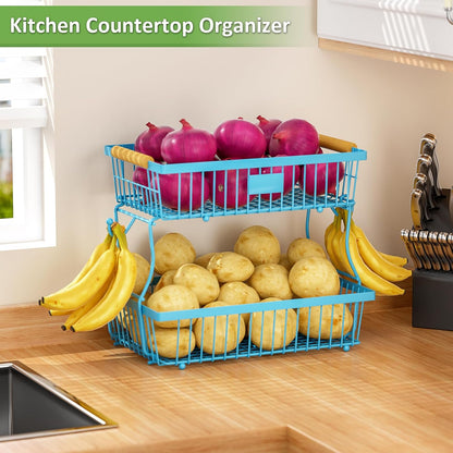 2 Tier Fruit Basket for Kitchen Counter with 2 Banana Hangers, Countertop Metal Bread Basket with Wooden Handle, Large Storage Stand for Vegetables, Snacks, Eggs, Produce Storage – Black