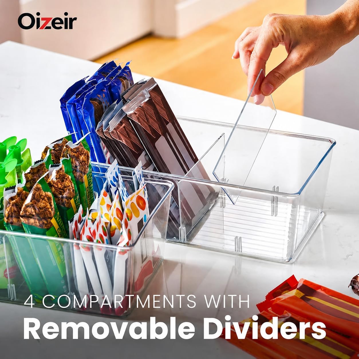 Oizeir Clear Pantry Organizer Bins 8-Pack - Fridge Organizer with 3 Removable Dividers, Ideal for Kitchen, Pantry, Refrigerator, Freezer, and Snack Storage