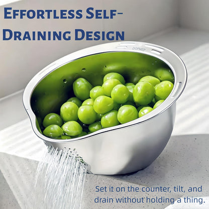 DOPMEP Rice Washer Strainer Bowl, Stainless Steel Colander with Side Drainers - Ideal for Soaking, Washing, Cleaning, and Rinsing Rice, Fruits, Vegetables & Beans, Versatile Kitchen Tool