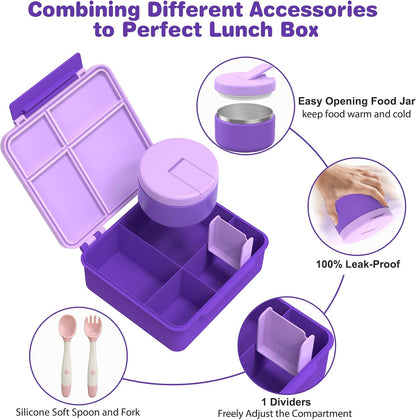 Kids Bento Lunch Box with 8oz Soup Thermo, Water Bottle, Kids Leakproof Lunch Food Containers with 4 Compartment, Insulated Hot Food Jar with Lunch Bag for School, Trvael (Black)