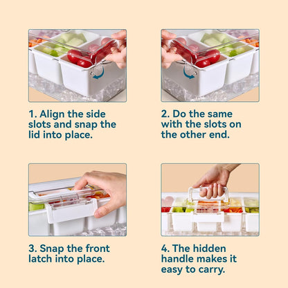 Luckore 2 Pack Chilled Condiment Tray Server with 5 Removable Small Compartments Containers & Hidden Handle Design, Ice Chilled Condiment Organizer, Garnish Serving Tray for Camping, Fruit, Salad