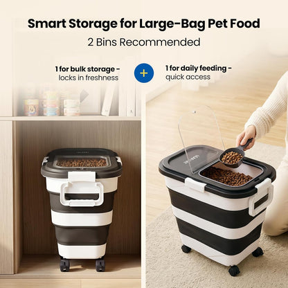 Dog Food Storage Container 20-25lbs, Airtight Pet Food Bin with Locking Lid & Clear Window, Collapsible Rolling Storage Container with Wheels and Scoop, Black